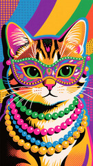 Mardi Gras themed cat in pop art style with bright halftone patterns, high contrast colors, and festive energy