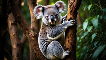 Fototapeta premium Koala climbing a tree in its natural habitat in the forest