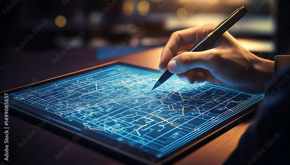Poster close-up of a hand using a stylus on a tablet displaying a glowing digital map. perfect for illustra