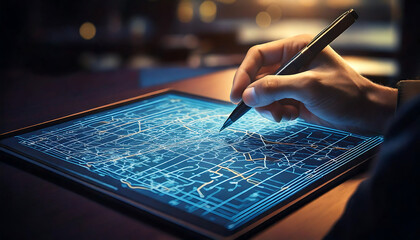 Close-up of a hand using a stylus on a tablet displaying a glowing digital map.  Perfect for illustrating technology, navigation, urban planning, data analysis, or futuristic concepts.