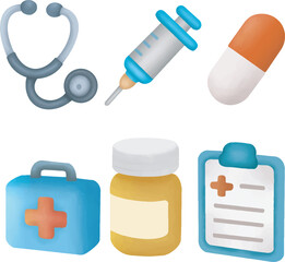 Cute Hand Drawn Medical Icon Set – Stethoscope, Syringe, Pills, Medicine Bottle & First Aid Kit