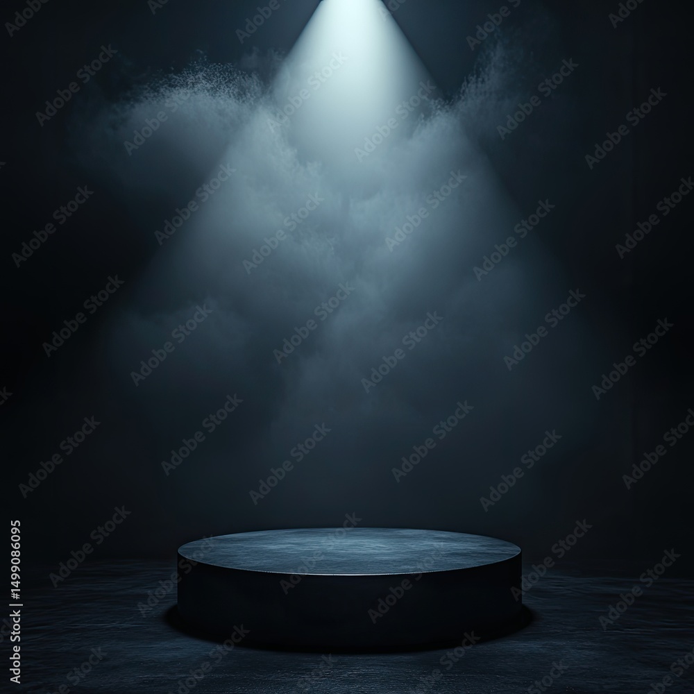 Poster a dark, moody scene features a circular platform illuminated by a single spotlight piercing through 