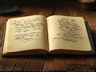 Vintage notebook open on rustic wooden surface, filled with handwritten cursive notes.  Evokes feelings of nostalgia, creativity, and journaling.