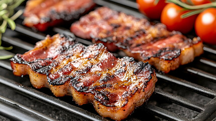 Close-up of Grilled Bacon with Juicy Red Tomatoes and Fragrant Rosemary Sprigs