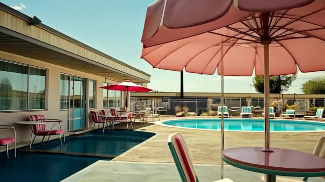 Retro motel pool area under a vibrant sky