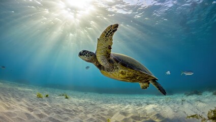 Sea turtle gracefully swimming in the ocean with sunlight shining through