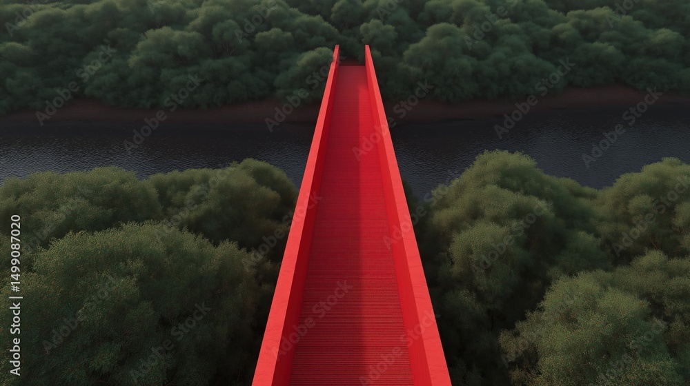 Poster long, straight red pathway that extends into the distance. the pathway appears to be made of a smoot