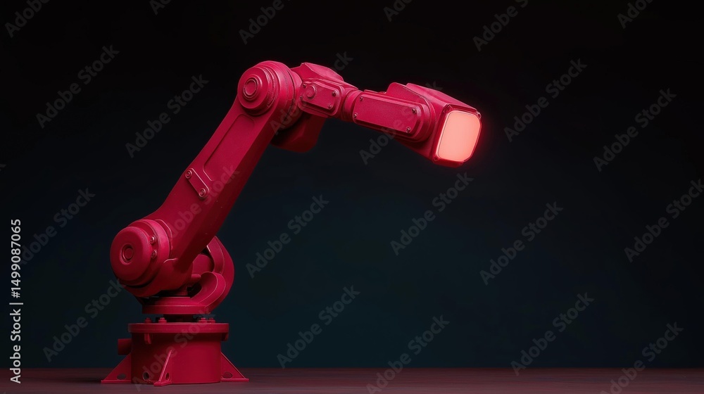 Poster red robotic arm with a red light on it. the arm is positioned on a wooden surface and is facing towa