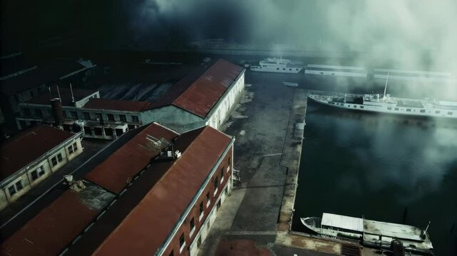 A foggy industrial waterfront with red-roofed warehouses and a docked white ship by the calm water.