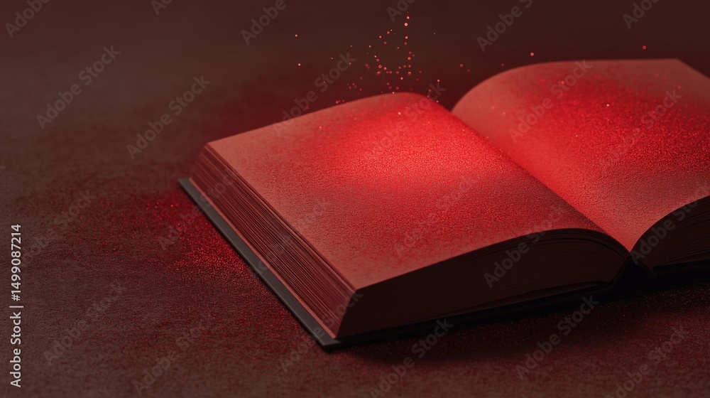 Poster close-up of an open book with a red cover. the book is lying on its side on a dark red surface. the 