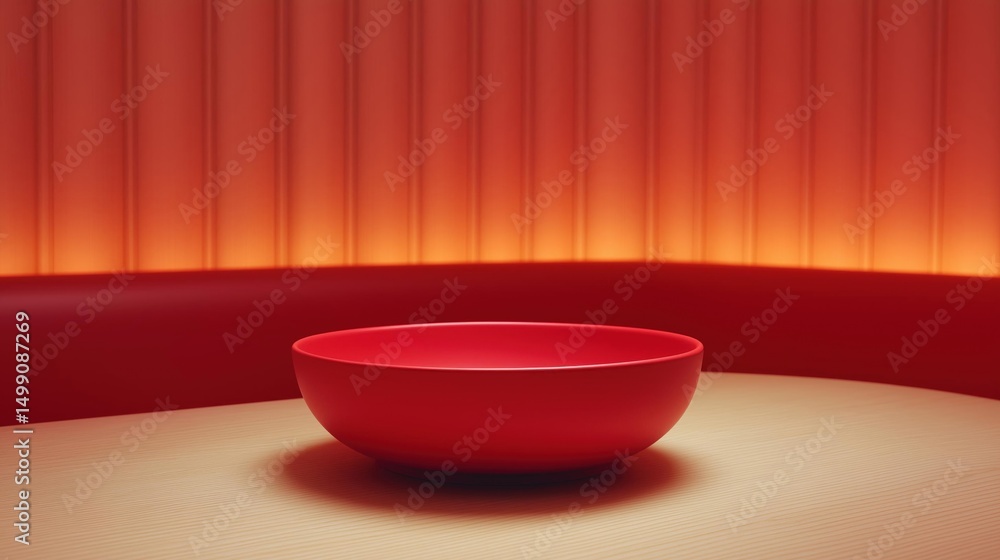 Poster red bowl on a wooden table in front of a red curtain. the bowl is empty and is positioned in the cen