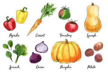 Watercolor drawing food sketch. Farm food, healthy food. Pepper, carrot, tomato, pumpkin