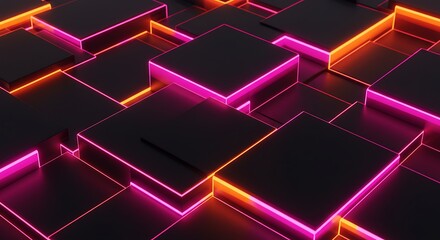 Neon Glow: Abstract Composition of Pink and Orange Illuminated Cubes