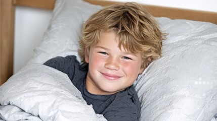 Fototapeta premium Smiling young boy with blonde hair lying in bed and looking at the camera