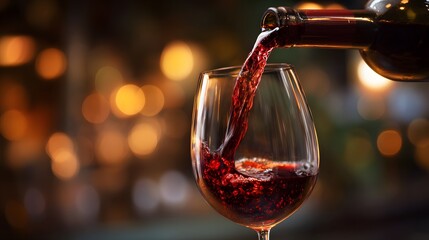 Red wine pouring into a glass, capturing the essence of indulgence and sophistication.
