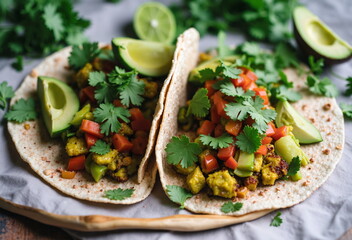 Two tacos sit on a gray surface, filled with a yellow mixture and topped with tomatoes, greens, and avocado. - Generative AI