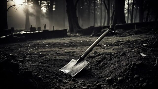 A weathered shovel lies abandoned in the dark, damp earth of a graveyard, the somber atmosphere heightened by the silhouettes of trees and tombstones under a dimly lit sky.
