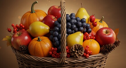 Autumn Harvest: A Rustic Basket of Colorful Fruits and Pumpkins