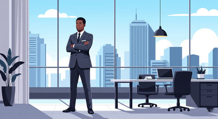 Obraz premium Confident Black Businessman in Modern Office with City View