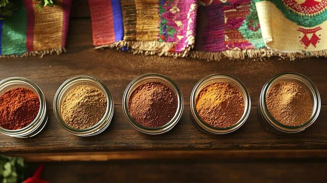 Aromatic spice jars on wooden table