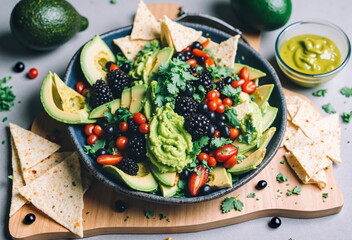 A vibrant salad bowl overflows with avocado, berries, and tortilla chips, accompanied by a side of green sauce. - Generative AI