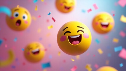 Naklejka premium Fun and Colorful Emoji Faces Representing Friendship - Cheerful Emoji Group Illustration with Confetti
