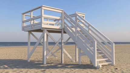 White beach lifeguard tower, sunny day, ocean background, safety