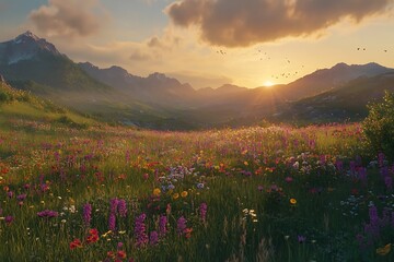 Fototapeta premium A serene landscape at sunset, filled with colorful wildflowers and majestic mountains.