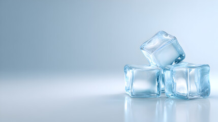 Three clear ice cubes stacked on a smooth reflective surface, showcasing their transparency and texture against a soft blue gradient background, ideal for cooling beverages or culinary presentations
