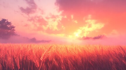 Fototapeta premium A serene sunset over a golden wheat field, creating a tranquil and picturesque landscape.