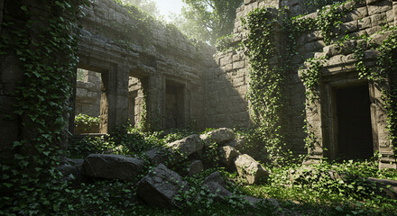 Ancient Stone Temple Ruins Enshrouded in Greenery Captivating Scene with Lush Vegetation Overgrowing Weathered Architectural Remnants