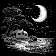 A serene, night-time coastal scene featuring a vintage camper