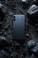 A dark-grey smartphone rests on dark, rocky ground, speckled with small, wet droplets across its back
