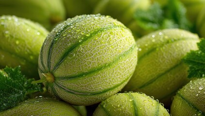 Fresh green melons with dew drops on their surface.