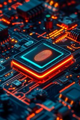 Fototapeta premium Digital fingerprint on a circuit board with vibrant neon lights.