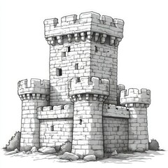 Medieval stone tower.  Detailed sketch of a fortified structure
