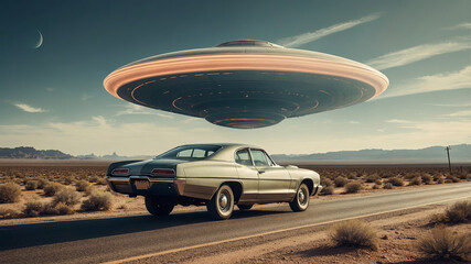 Retro car parked on desert road under hovering orange-lit ufo in twilight sky, nostalgic alien fiction scene, World UFO Day