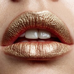 Fototapeta premium Golden Shimmering Lips Makeup Closeup Glamorous Beauty Shot