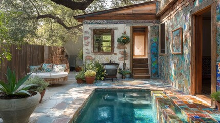 Colorful backyard oasis with pool and mosaic walls