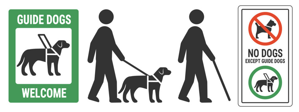 Guide dog welcome signs. Vector illustration of blind man with guide dog. Service animals and guide dogs allowed and welcome labels and sticker templates. Vector.
