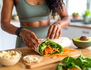 Woman preparing a healthy wrap with vegetables. It contains carrots avocado and lettuce. Wooden board in a bright kitchen environment