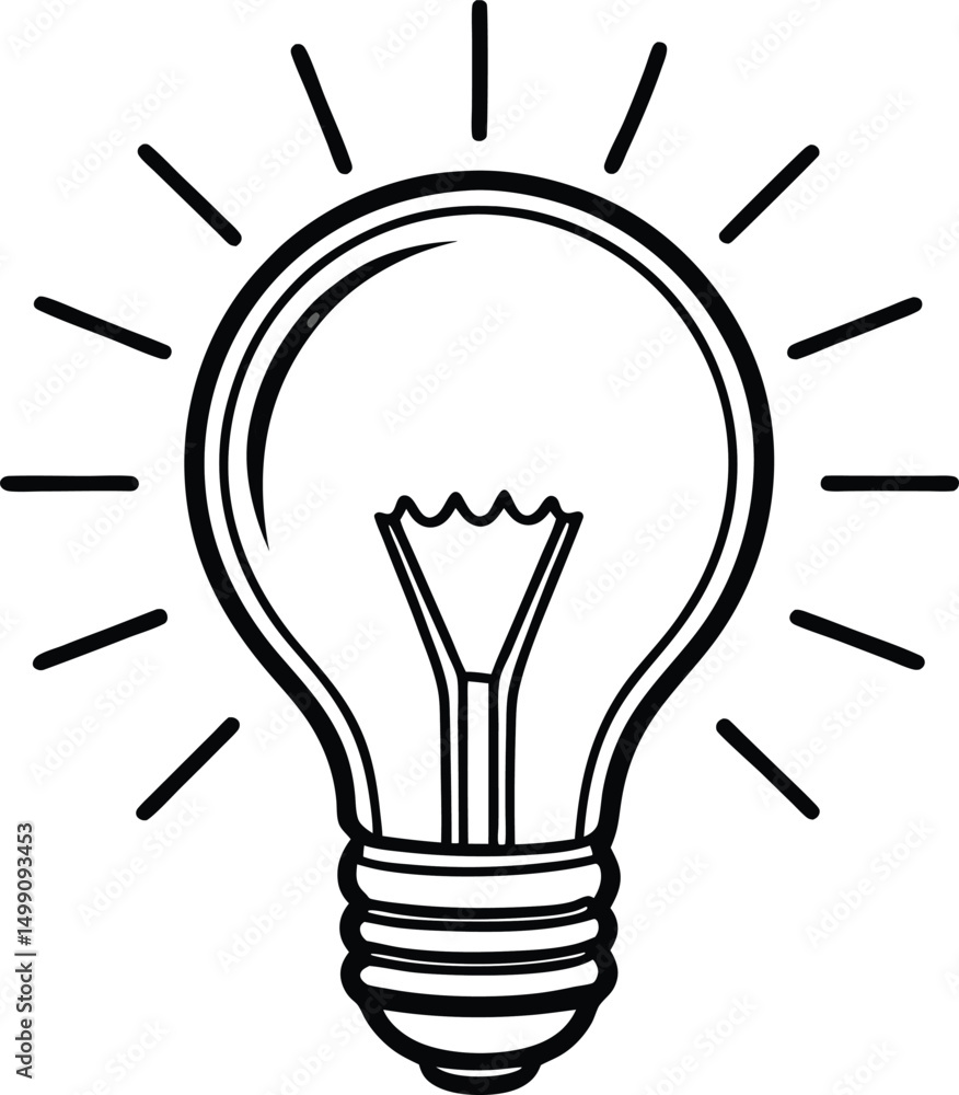 Poster a simple line drawing of a light bulb with rays emanating from the top, symbolizing light or ideas. 