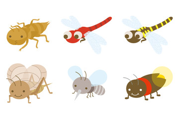 Playful Insect Characters: Dragonfly, Wasp, Cricket in Warm Cartoon Style for Kids' Nature Education