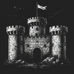 Medieval stone castle under a dark sky