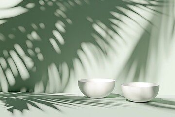 Two matte-white, hemispherical bowls sit on a pale green surface, backlit by the dappled shadow of palm fronds against a sage-green wall