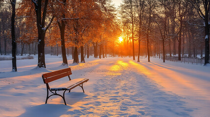 Tranquil winter park illuminated by the warm glow of the setting sun