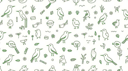 Naklejka premium Bird Sketch Pattern Green Line Art on White