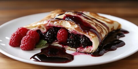 Delicious Crepes with Fresh Raspberries and Blackberries on a Plate