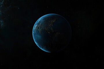 Earth in the vastness of space.  Night side illuminated by city lights