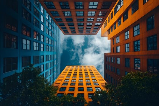 Colorful Buildings Converge Under a Cloudy Sky, Worm's Eye View